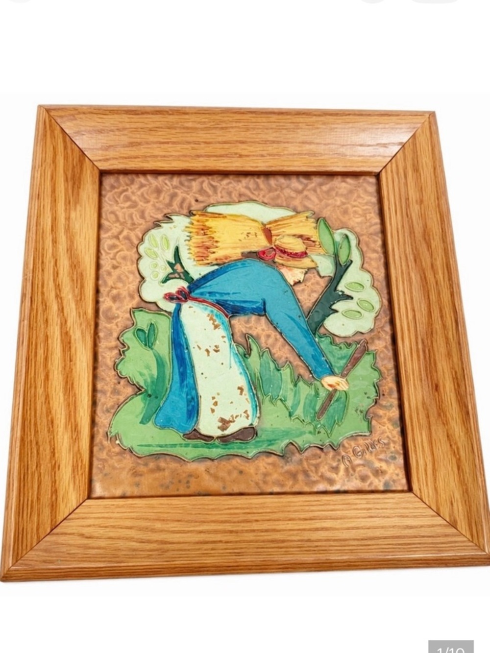 Albert Gilles Hammered Copper Enamel Framed Plaque Arts & Crafts Harvester